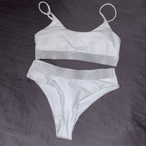 Cupshe white bikini with silver embellishments along waistband and top, size s